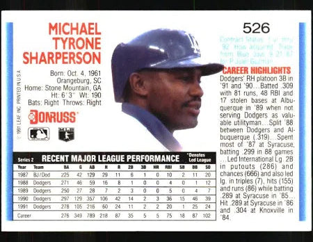 1992 Donruss Michael Tyrone Sharperson Baseball Card #526