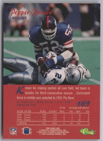 1993 Classic Pro Line Live Pepper Johnson Football Card #189