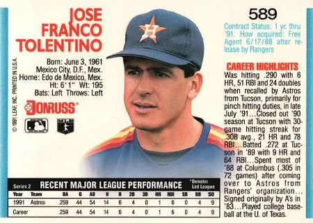 1992 Donruss Jose Franco Tolentino Baseball Card #589