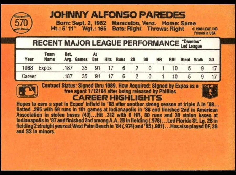 1989 Donruss Johnny Paredes Baseball Card #570