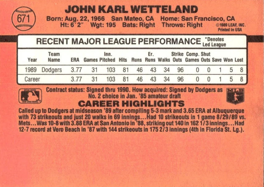 1990 Donruss John Karl Wetteland Baseball Card #671