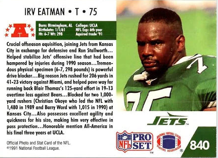 1991 NFL Pro Set Irv Eatman Football Card #840
