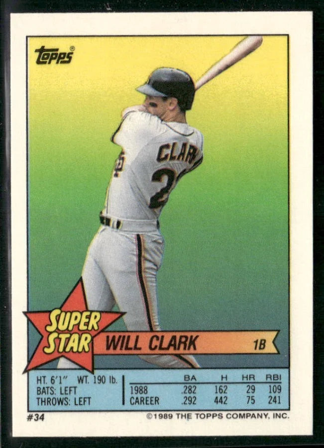 1989 Topps Super Star Will Clark Baseball Card #34