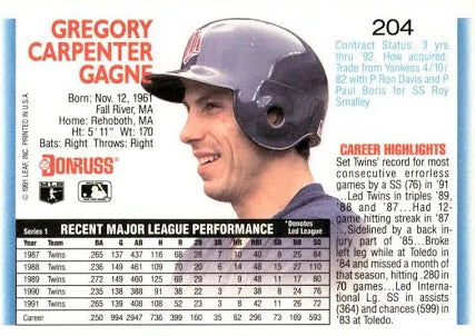 1992 Donruss Gregory Carpenter Gagne Baseball Card #204