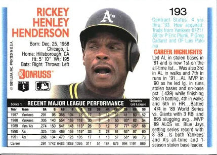 1992 Donruss Rickey Henley Henderson Baseball Card #193