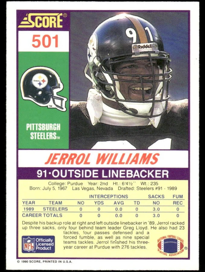 1990 Score Jerrol Williams Football Card #501