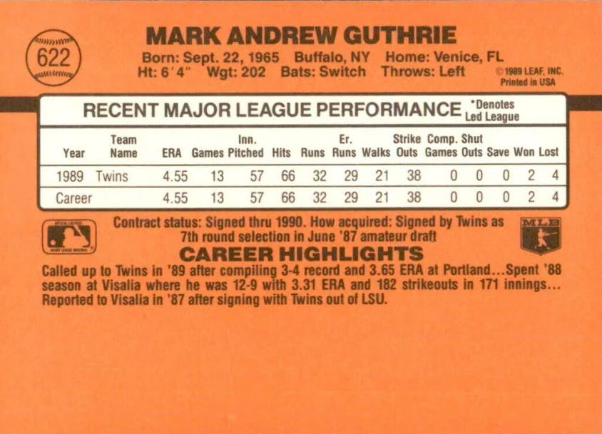 1990 Donruss Mark Andrew Guthrie Baseball Card #622
