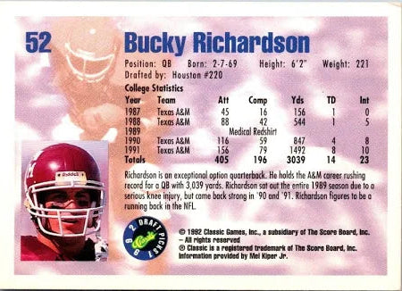 1992 Classic Draft Picks Bucky Richardson Football Card #52