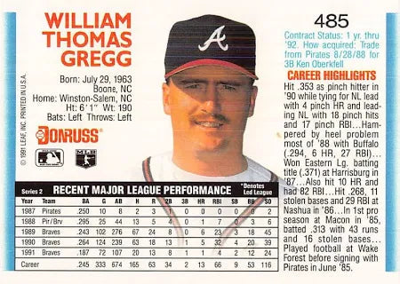 1992 Donruss William Thomas Gregg Baseball Card #485