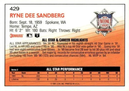 1992 Donruss National League Ryne Dee Sandberg Baseball Card #429