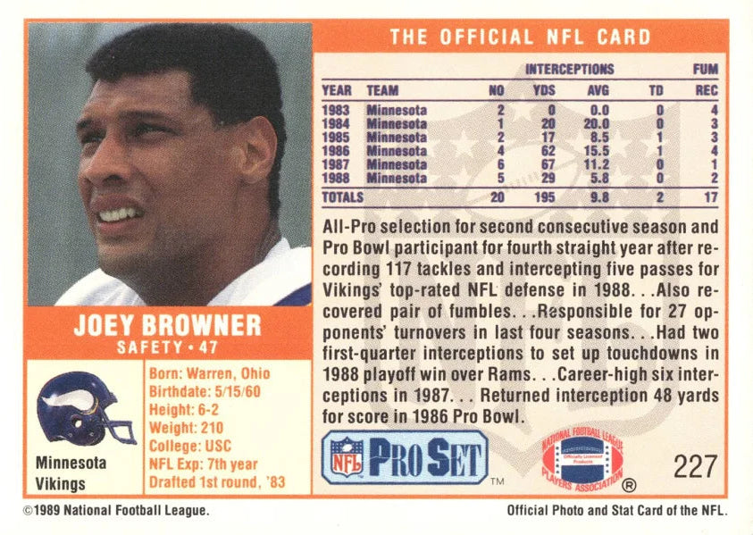 1989 NFL Pro Set Joey Browner Football Card #227