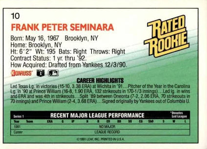 1992 Donruss Rated Rookie Frank Peter Seminara Baseball Card #10