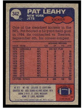 1985 Topps Pat Leahy Football Card #342