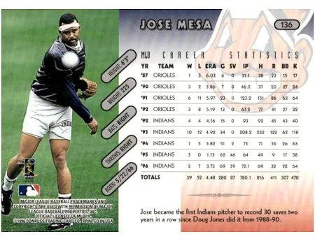 1996 Donruss Jose Mesa Baseball Card #136
