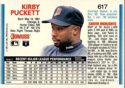 1992 Donruss Kirby Puckett Baseball Card #617