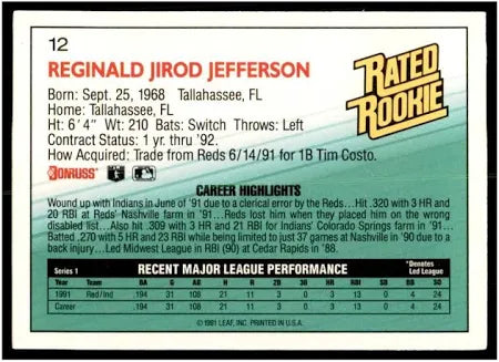 1992 Donruss Rated Rookie Reginald Jirod Jefferson Baseball Card #12