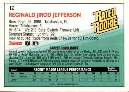 1992 Donruss Rated Rookie Reginald Jirod Jefferson Baseball Card #12