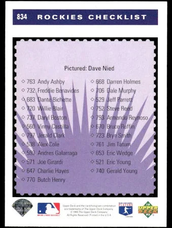 1993 Upper Deck Rockies Checklist Baseball Card #834