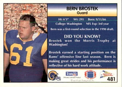 1992 Pacific Bern Brostek Football Card #481