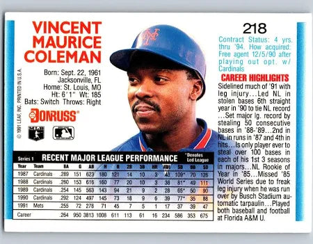 1992 Donruss Vincent Maurice Coleman Baseball Card #218