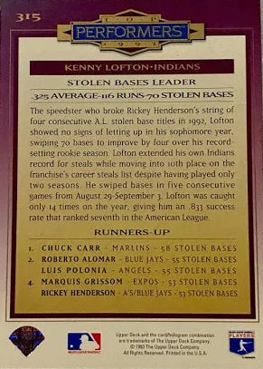 1994 Upper Deck Top Performers 1993 Kenny Lofton Stolen Base Leader Baseball Card #315