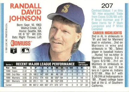 1992 Donruss Randall David Johnson Baseball Card #207