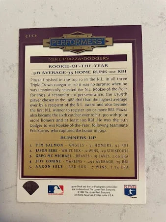1994 Upper Deck Top Performers 1993 Mike Piazza Rookie of the Year Baseball Card #310