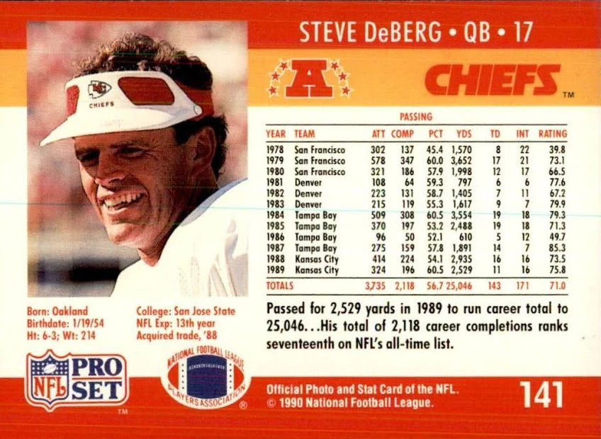 1990 NFL Pro Set Steve DeBerg Football Card #141