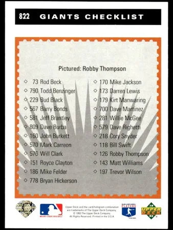 1993 Upper Deck Collectors Choice Giants Checklist Baseball Card #822