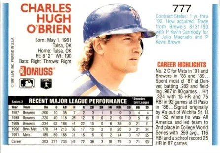 1992 Donruss Charles Hugh O'Brien Baseball Card #777