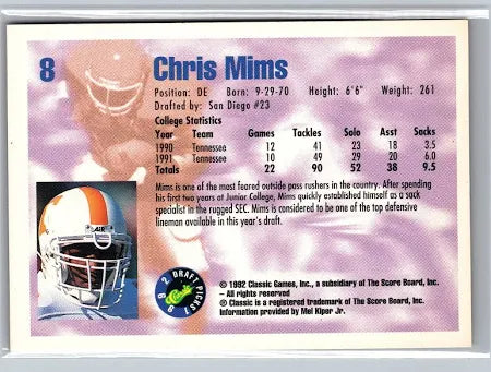 1992 Classic Draft Picks Chris Mims Football Card #8