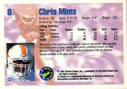 1992 Classic Draft Picks Chris Mims Football Card #8