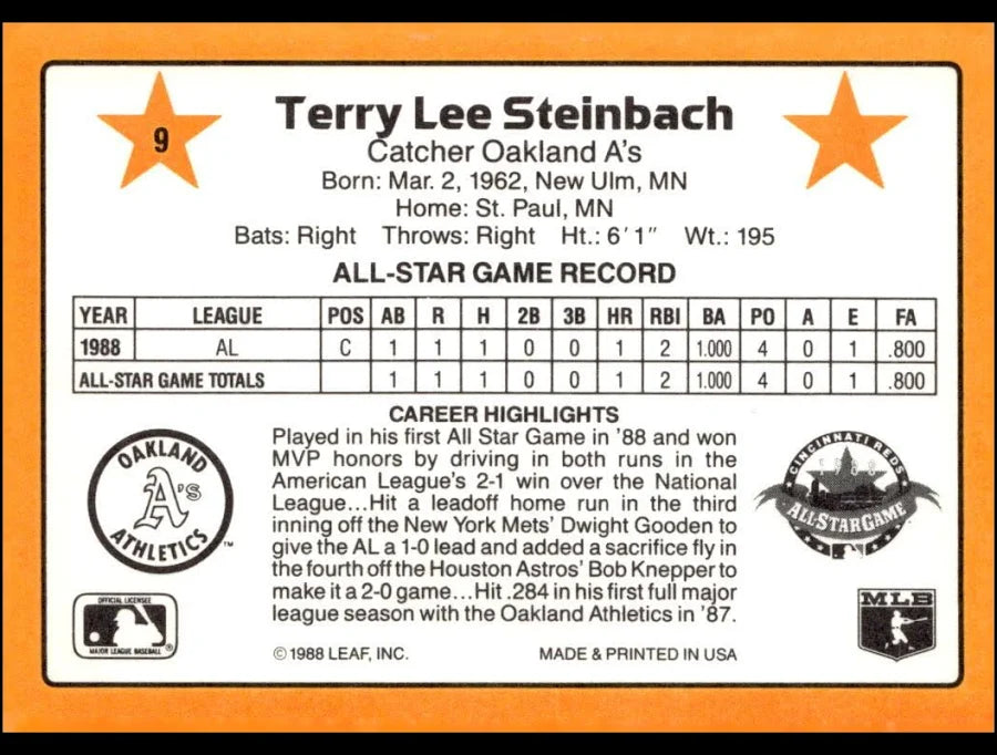 1989 Donruss Terry Lee Steinbach Baseball Card #9