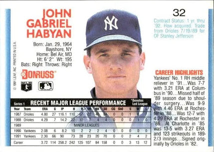 1992 Donruss John Gabriel Habyan Baseball Card #32