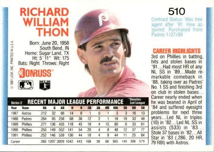 1992 Donruss Richard William Thon Baseball Card #510