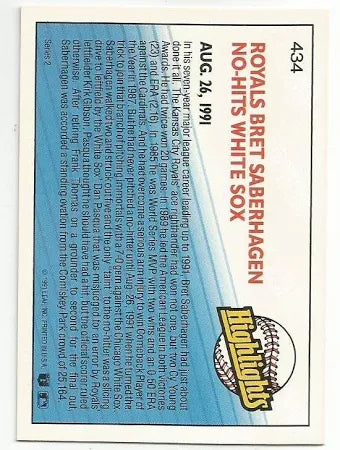 1992 Donruss Highlights Royals Bret Saberhagen No-Hits White Sox Baseball Card #434
