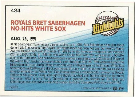1992 Donruss Highlights Royals Bret Saberhagen No-Hits White Sox Baseball Card #434