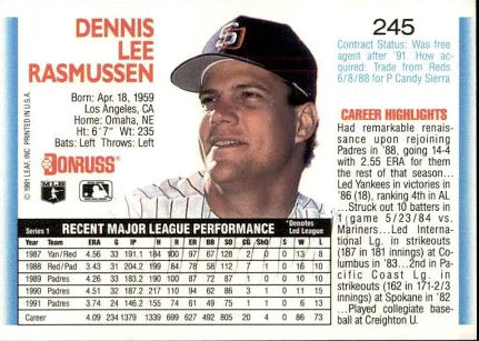 1992 Donruss Dennis Lee Rasmussen Baseball Card #245