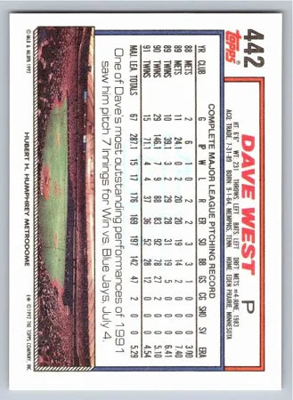 1992 Topps Dave West Baseball Card #442