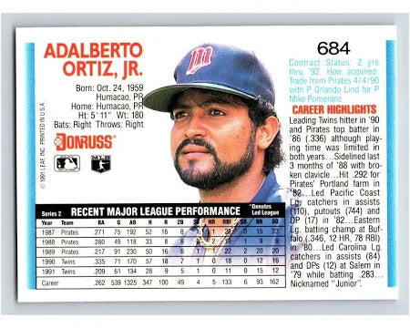 1992 Donruss Adalberto Ortiz Jr. Baseball Card #684