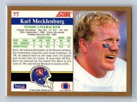 1991 Score Karl Mecklenburg Football Card #77