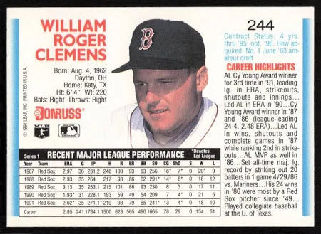 1992 Donruss William Roger Clemens Baseball Card #244