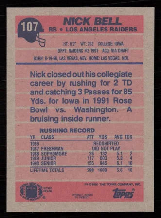 1991 Topps Nick Bell Football Card #107
