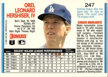 1992 Donruss Orel Leonard Hershiser IV Baseball Card #247