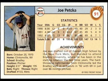 1992 Front Row Joe Petcka Baseball Card #91