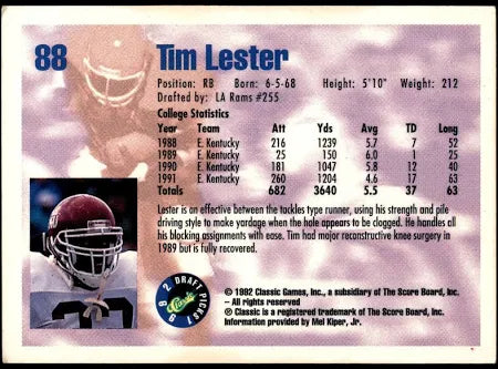 1992 Classic Draft Picks Tim Lester Football Card #88