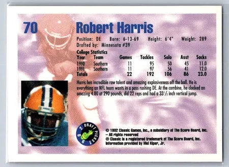 1992 Classic Draft Picks Robert Harris Football Card #70