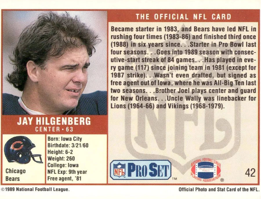 1989 NFL Pro Set Jay Hilgenberg Football Card #42