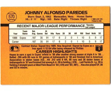 1989 Donruss Johnny Paredes Baseball Card #570