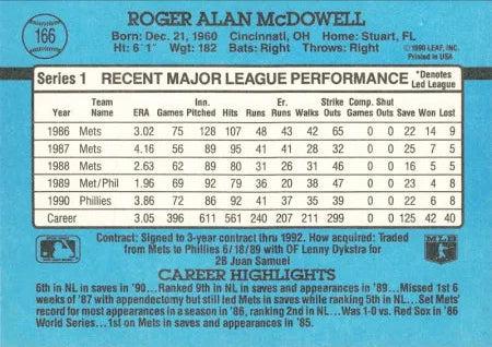 1991 Donruss Roger Alan McDowell Baseball Card #166